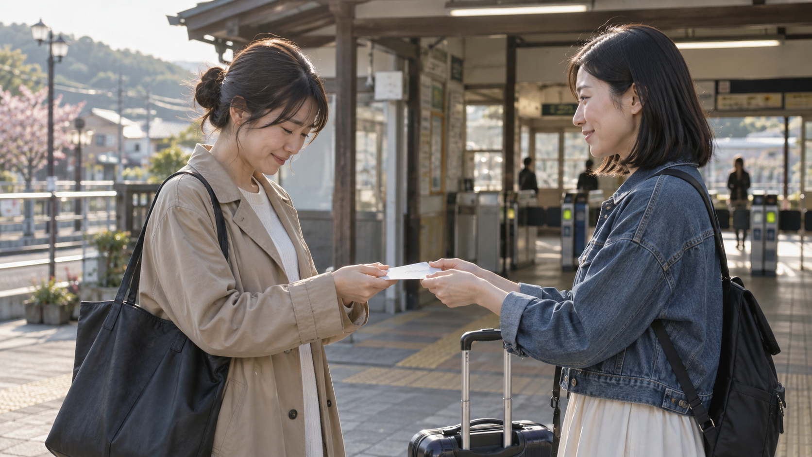 引っ越す友達へ小さなカードを手渡す二人