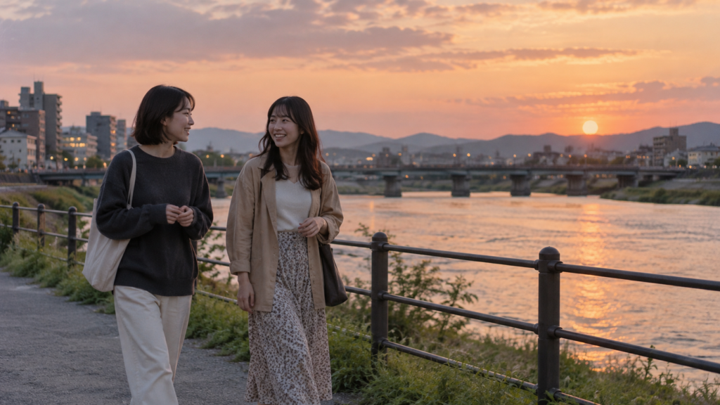 友達と歩いた帰り道を思い出す二人の姿