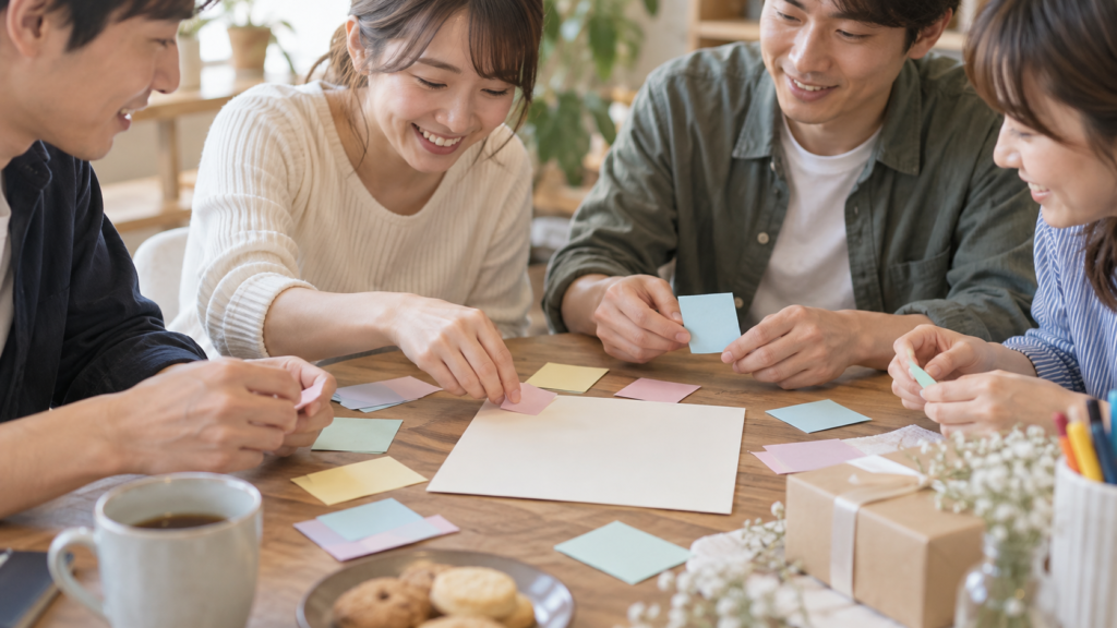 友達への寄せ書きを準備する数人の手元