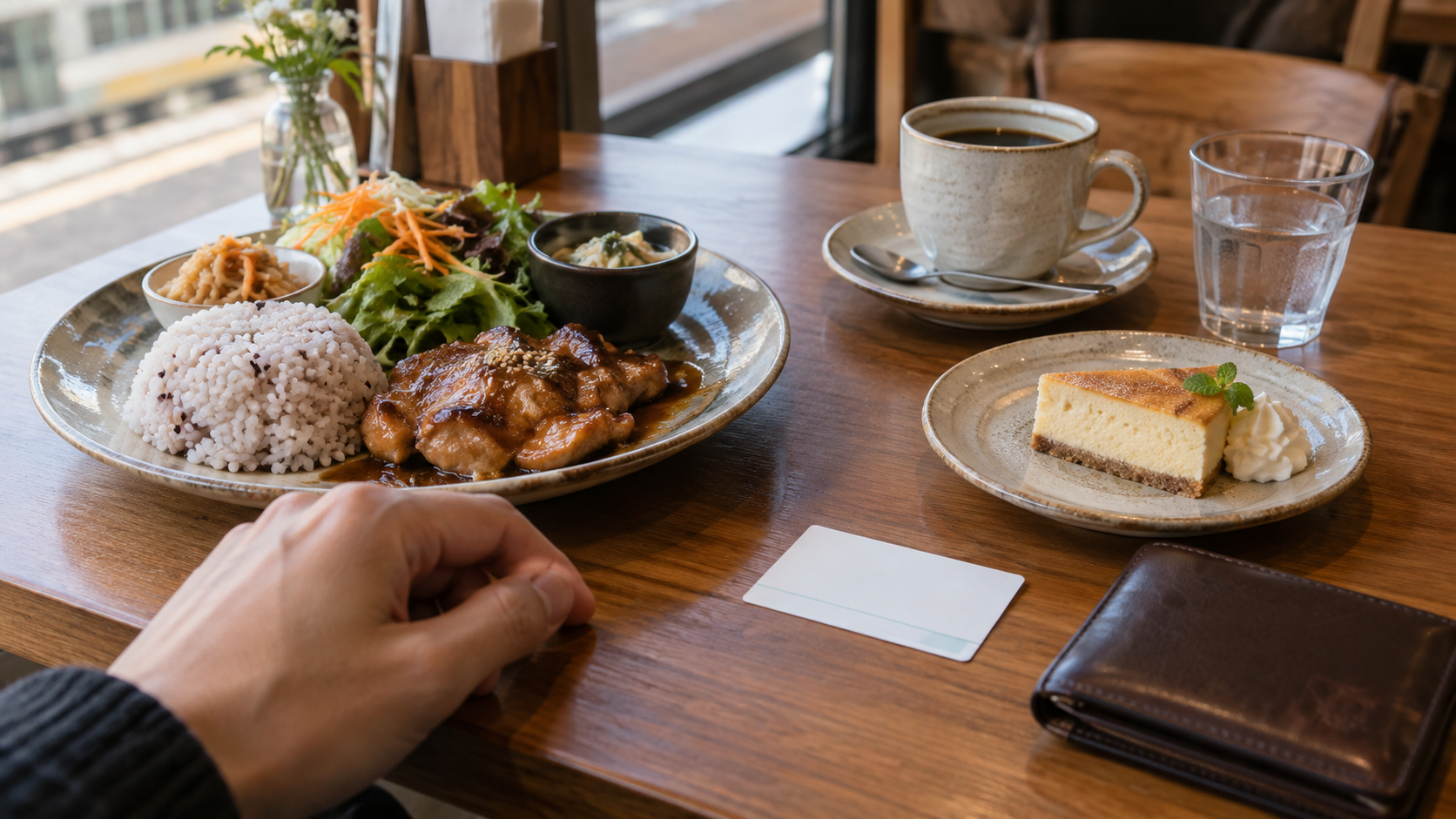 食事と飲み物、デザートが並ぶカフェのテーブル