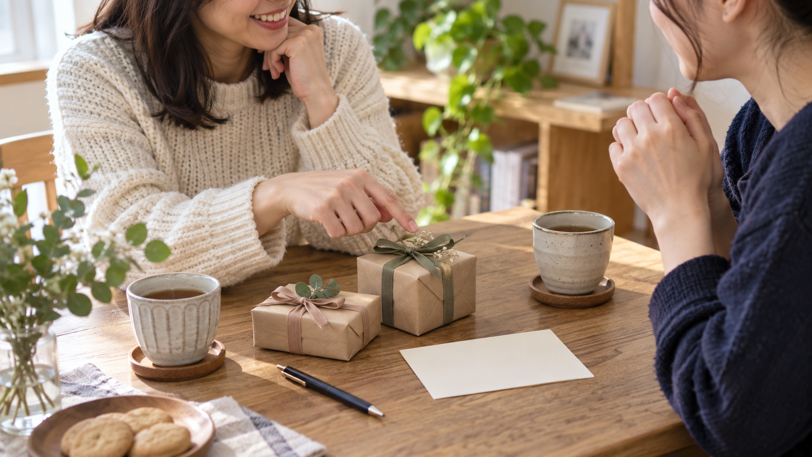 小さな贈り物を前に話す二人の友達