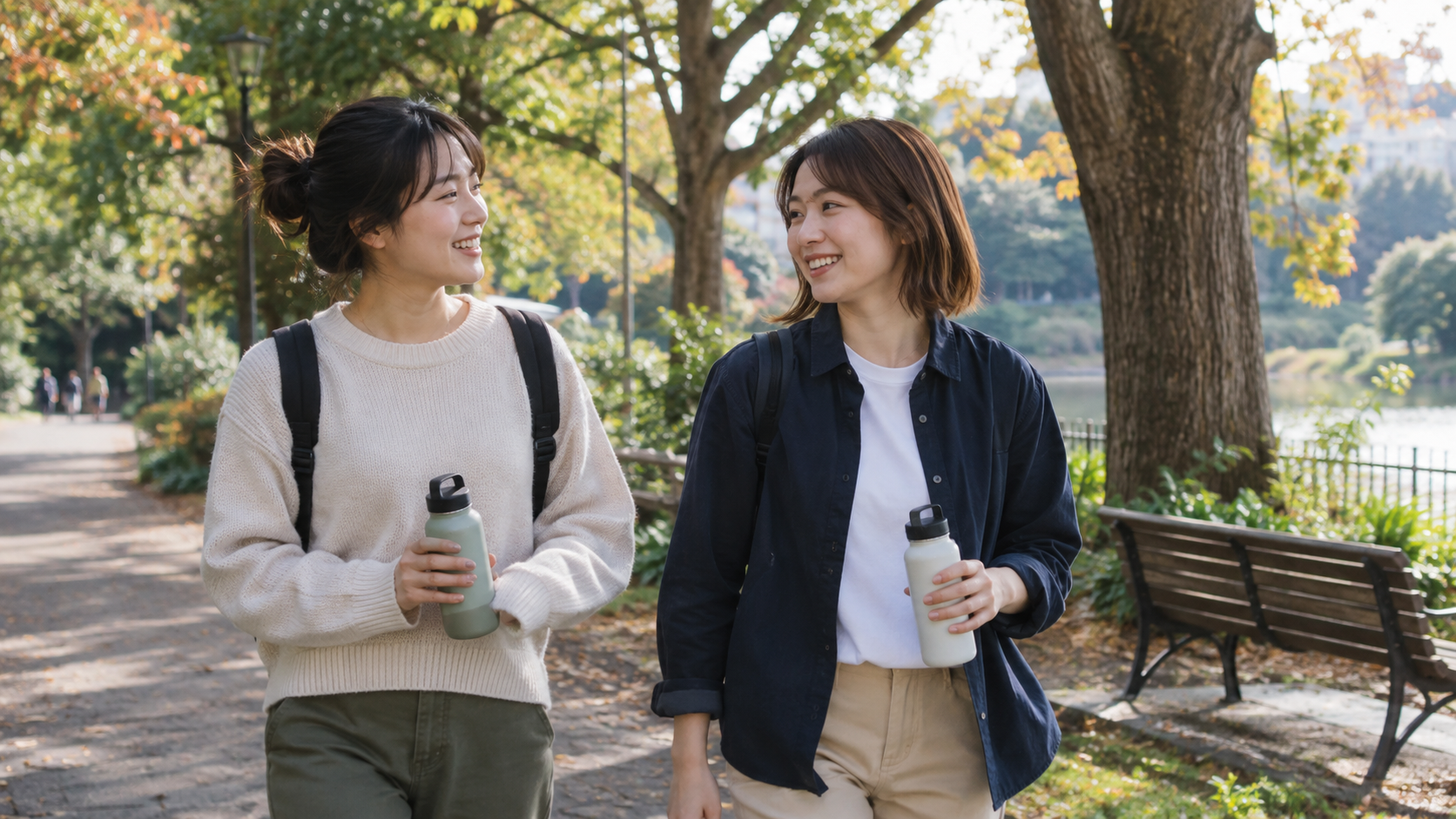 飲み物を持って公園を散歩する二人の友達