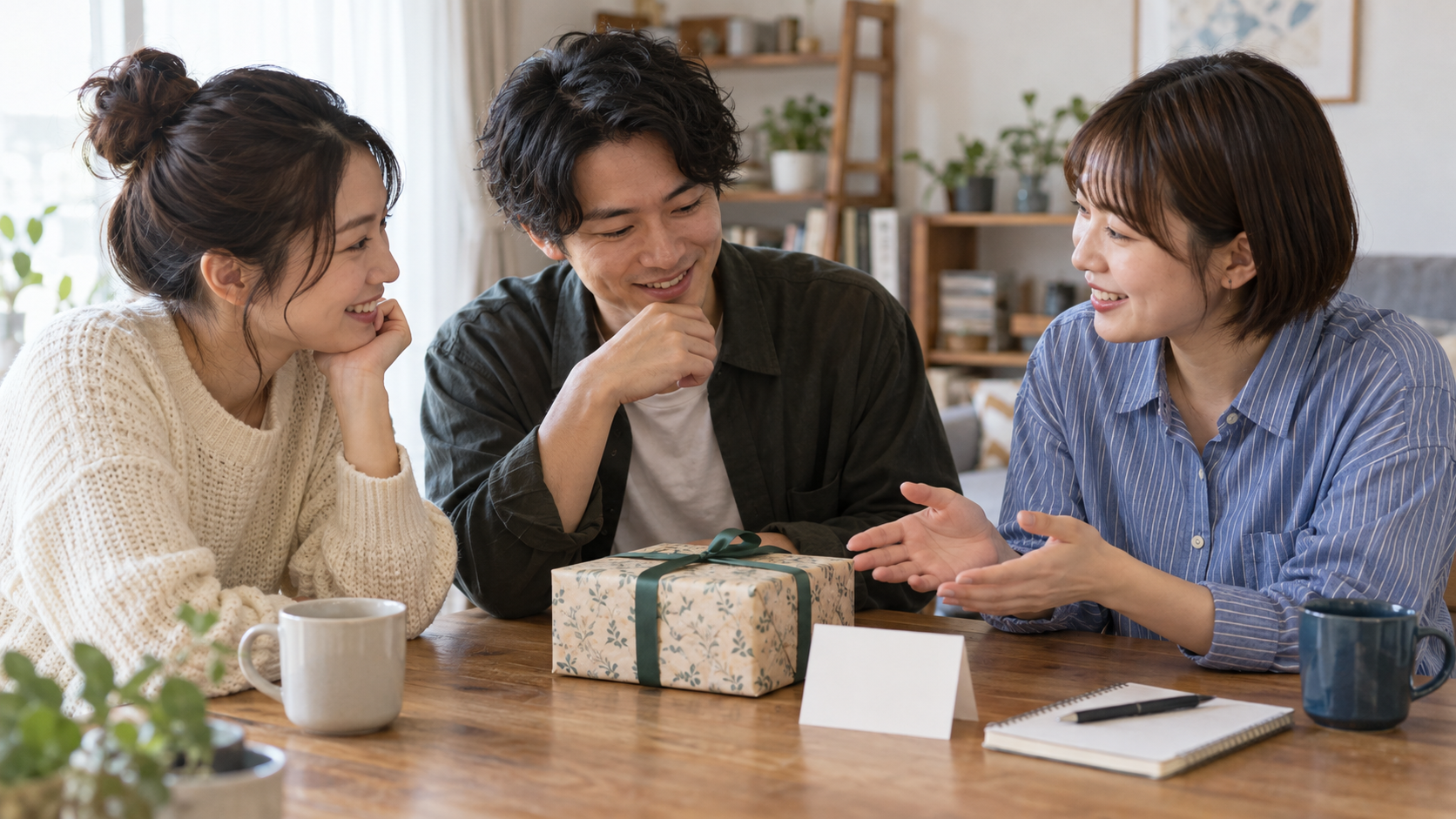 友達への一つの贈り物を三人で相談する様子
