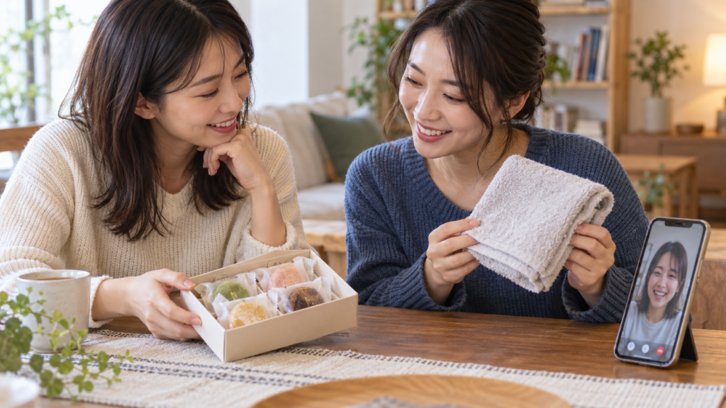 菓子とタオルを見ながら贈り物の候補を相談する二人