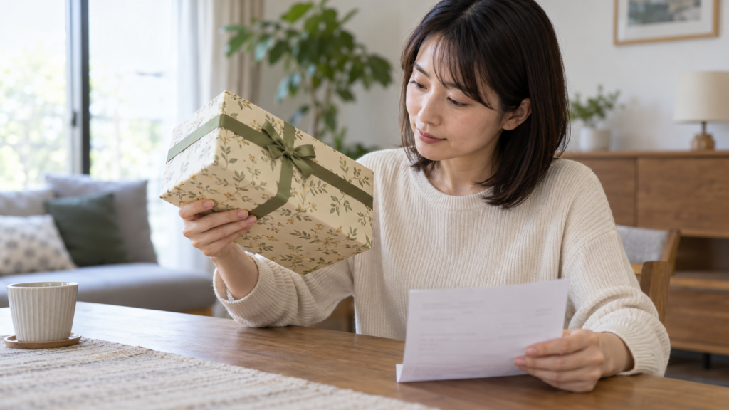 届いた贈り物と購入内容を確かめる人