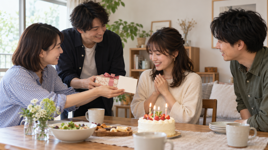 集まった友達から一つのプレゼントを手渡す様子