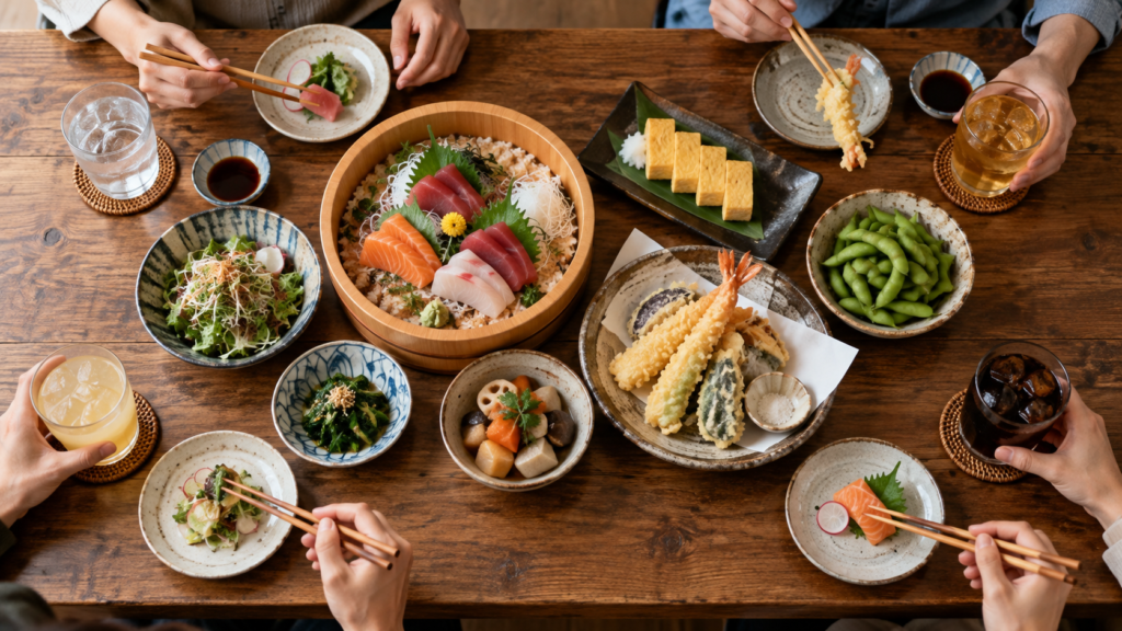 共有の料理を中央に置き、各自の飲み物を分けた食卓