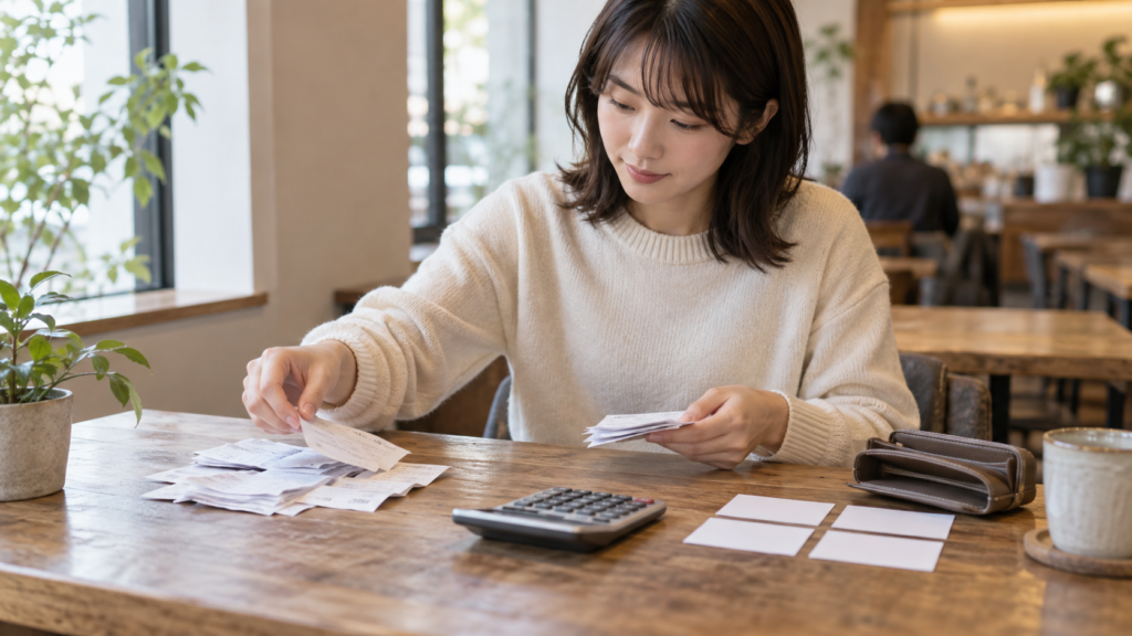 立て替えた明細と各自の負担を分けて整理する人
