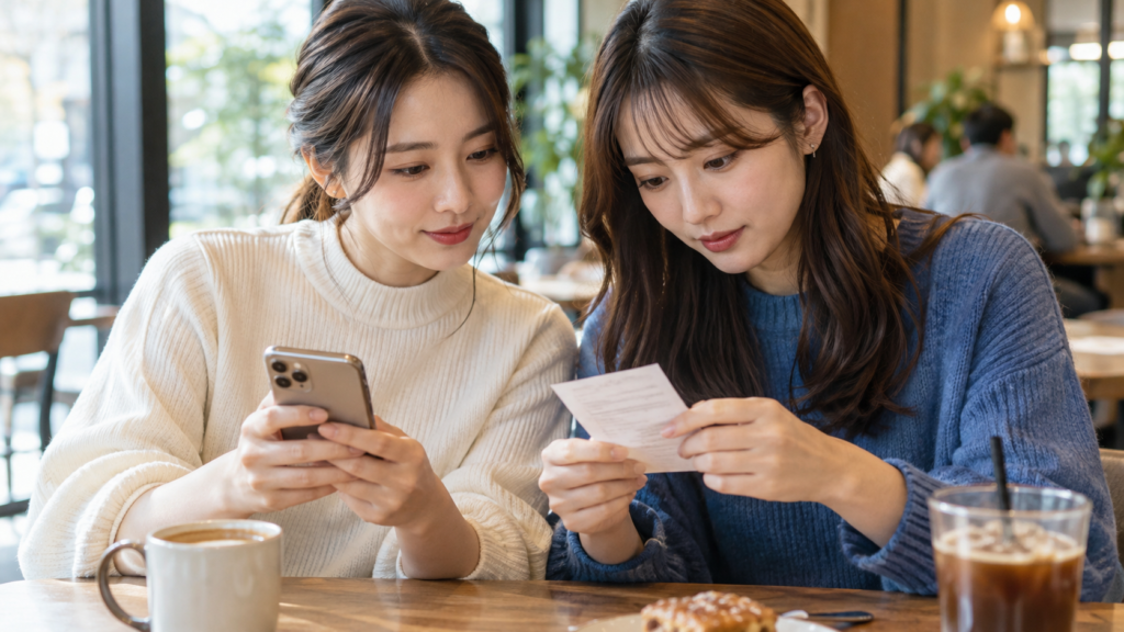 レシートとスマートフォンを見ながら精算内容を確認する二人