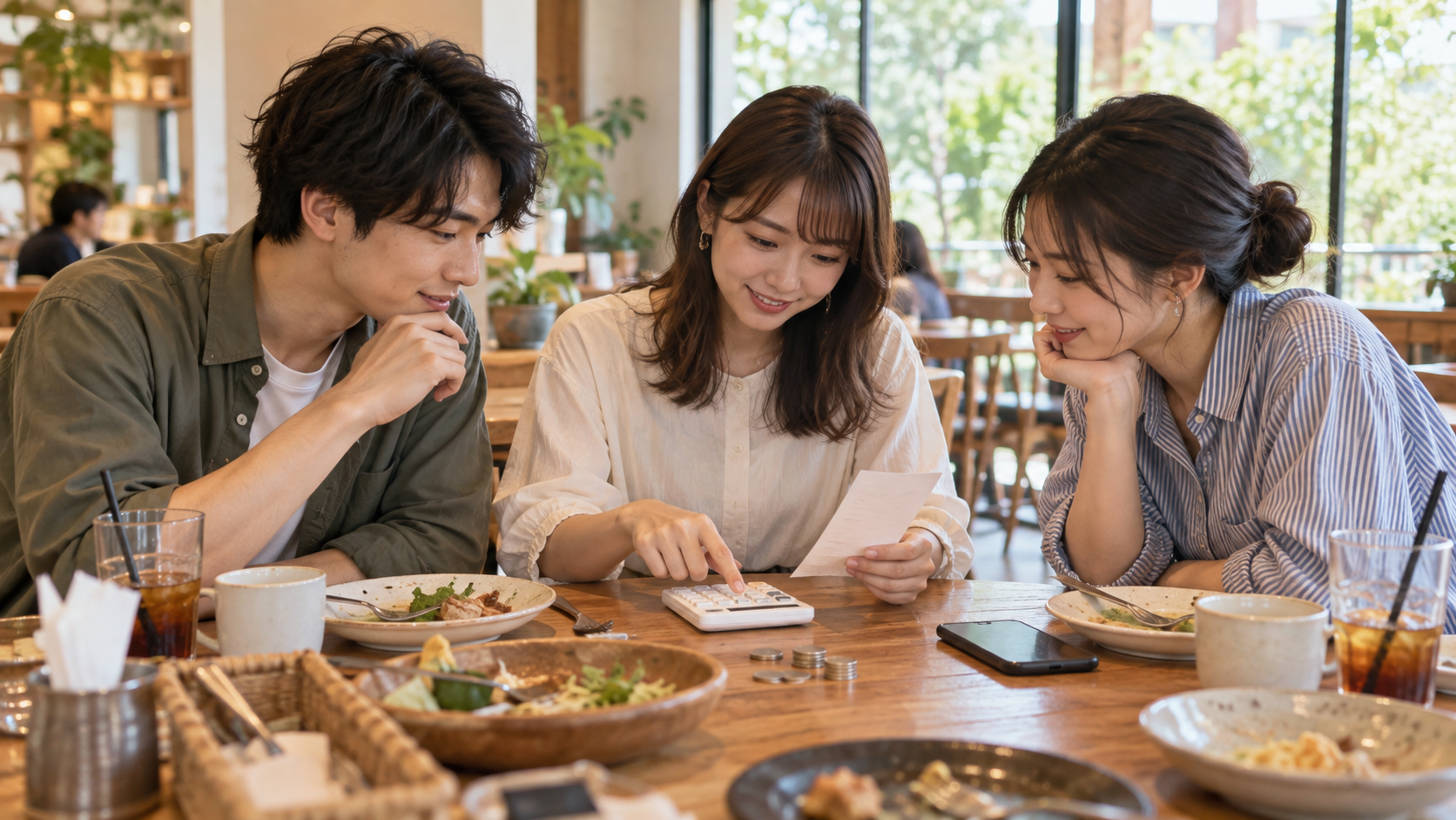 友達との食事代をレシートと電卓で確認するイメージ