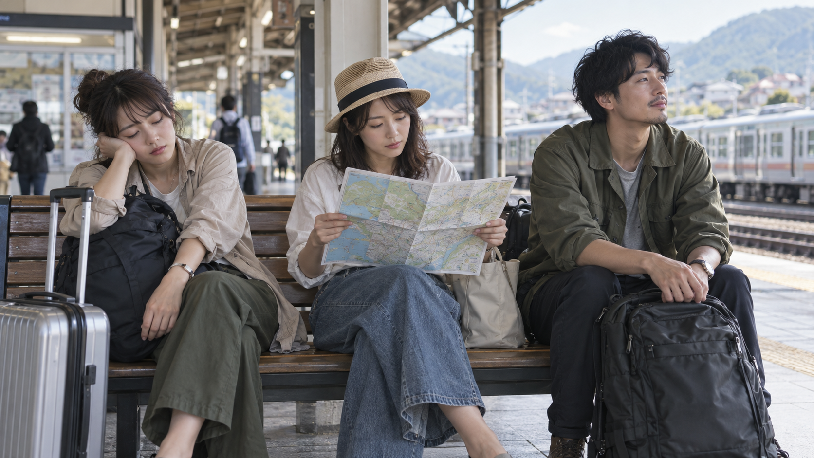 旅行の移動中に駅のベンチでそれぞれ休む友人たち