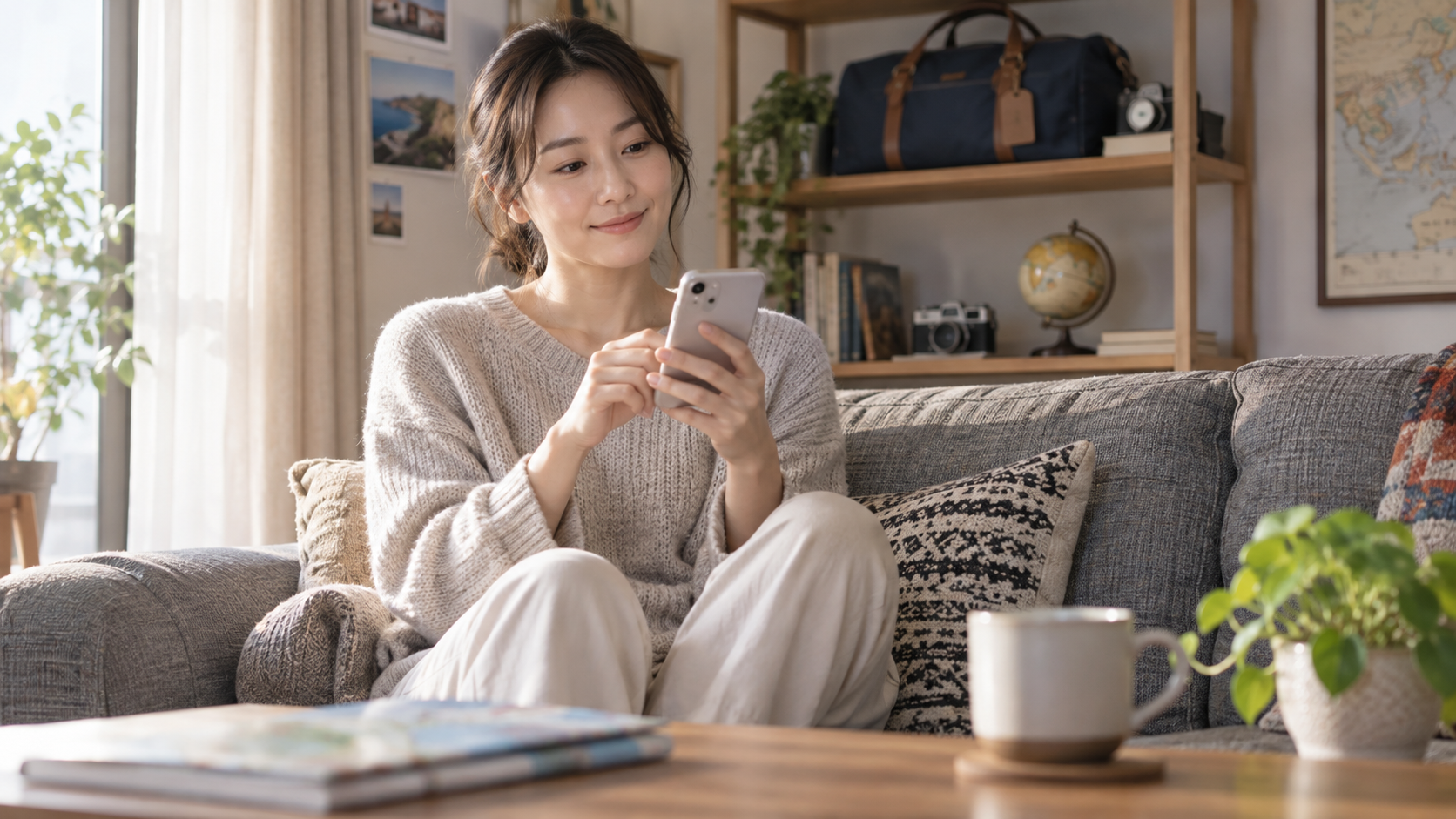 自宅で旅行の誘いへの返信を考える女性