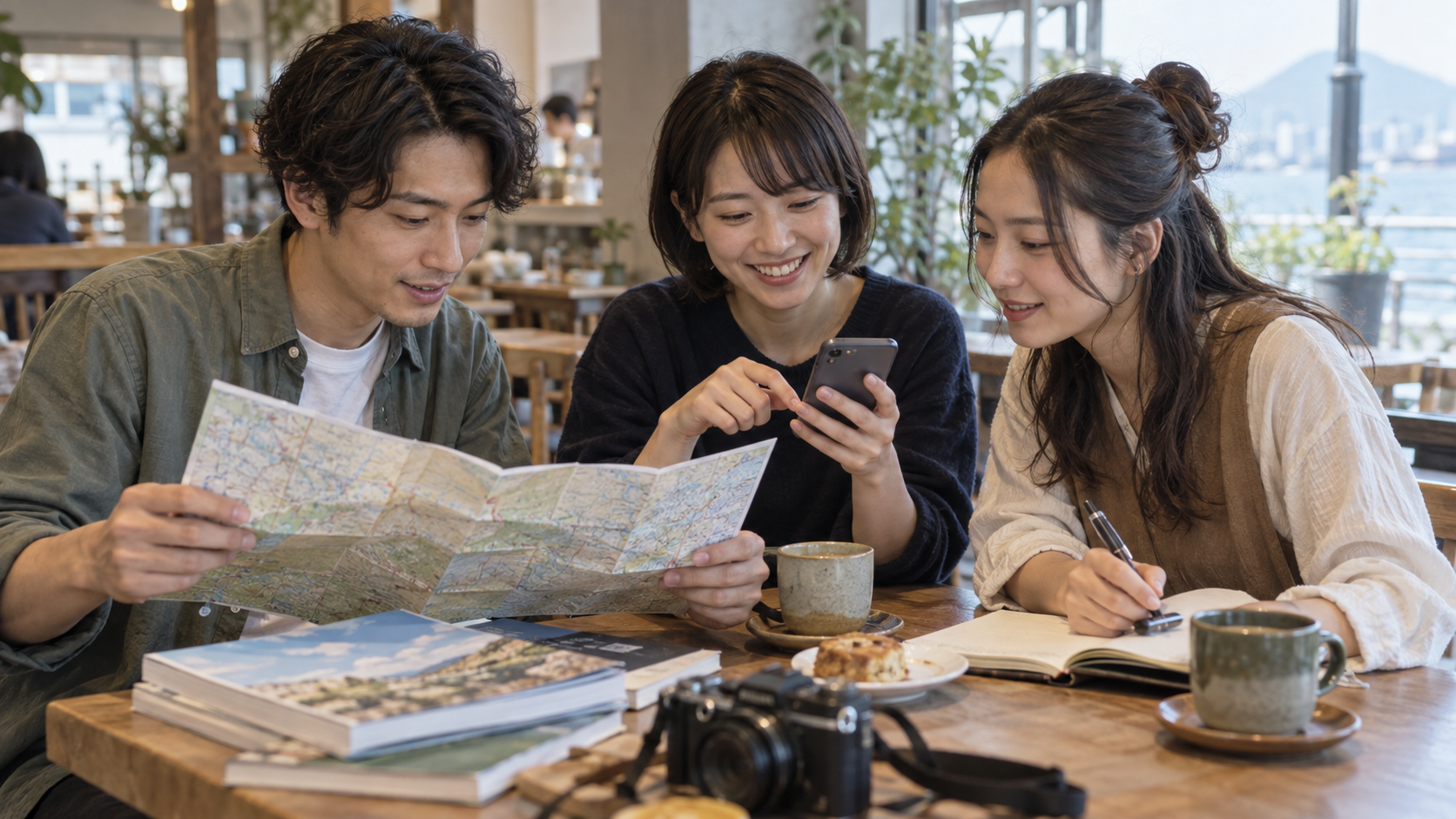 地図やスマートフォンを使い旅行の調べ物を分担する友人たち