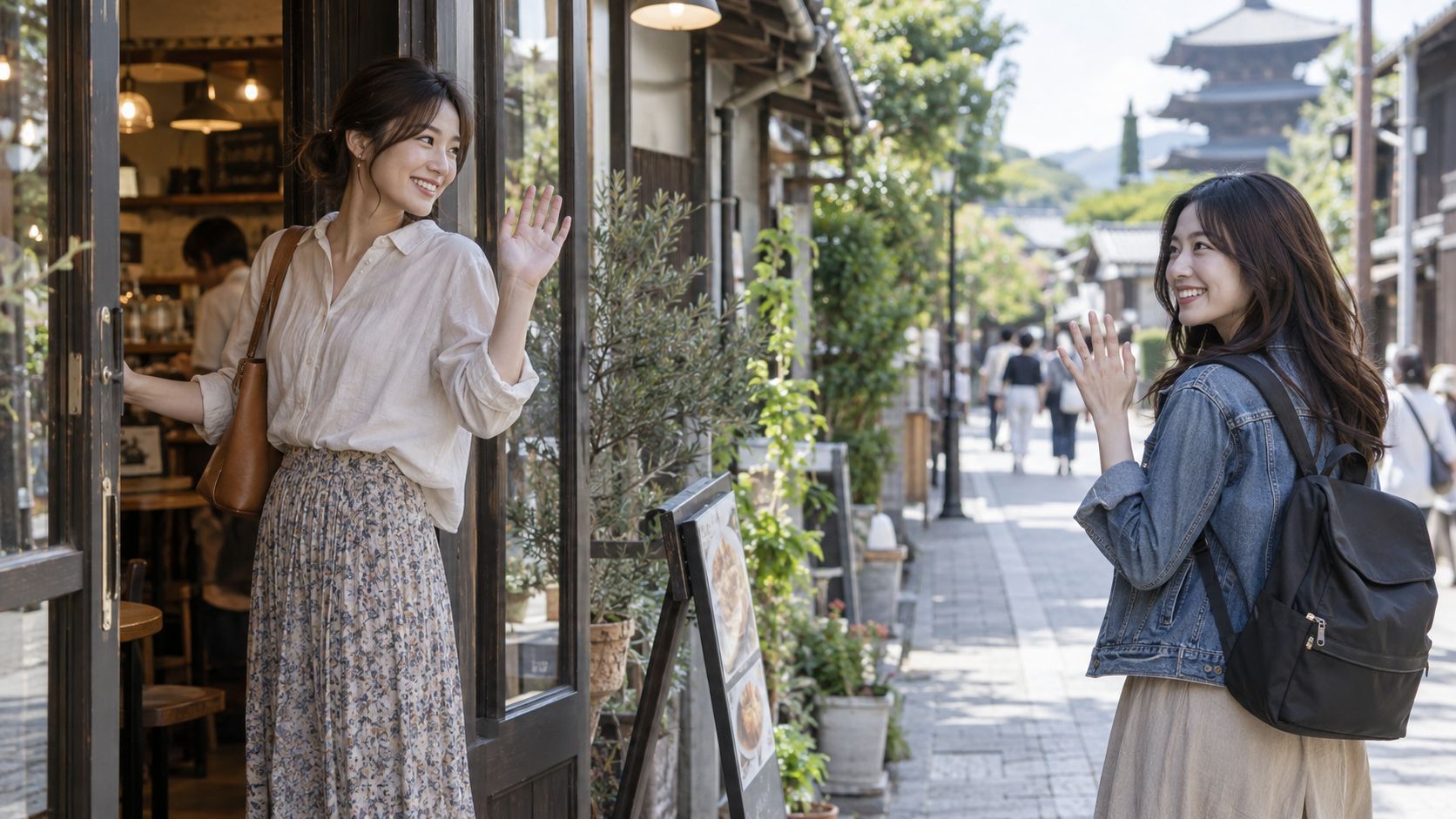 カフェで休む人と観光を続ける人に分かれる友人同士