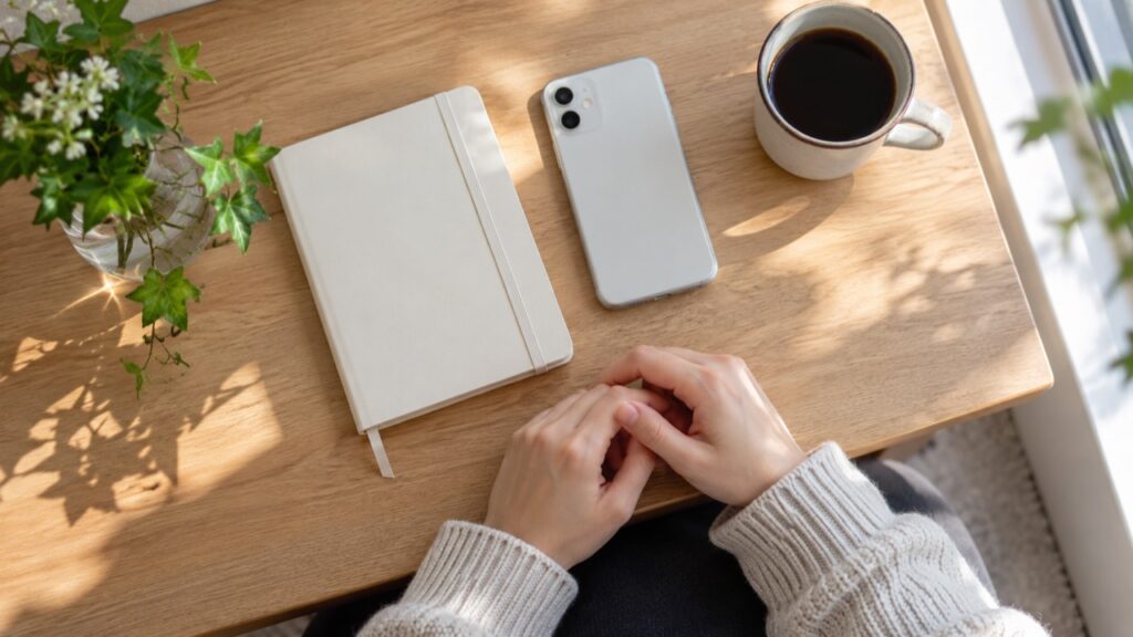 ノートと裏返したスマートフォンを置いた机