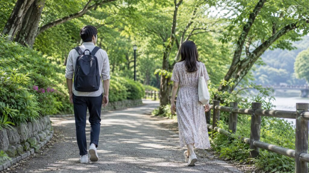間隔を保って並んで歩く二人の後ろ姿