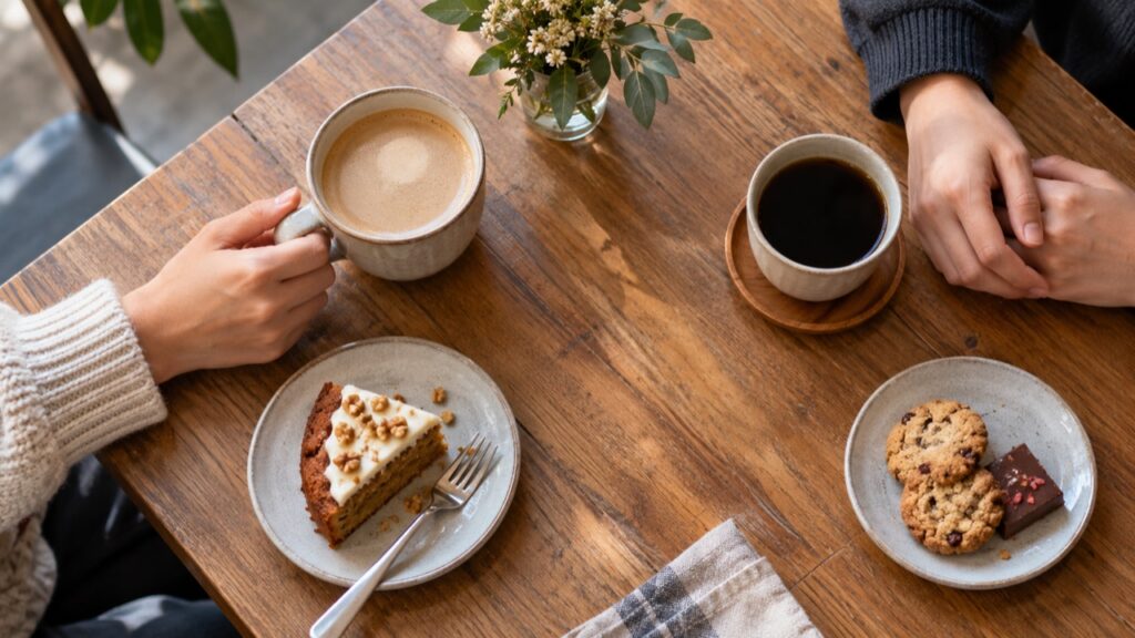 二人分の飲み物が並ぶカフェのテーブル