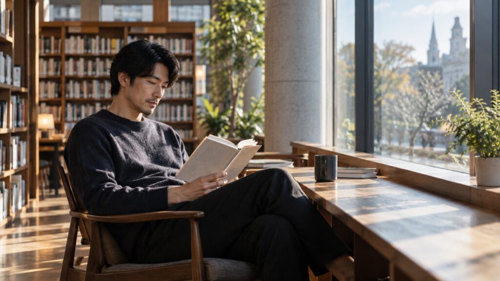 窓際で静かに本を読む人