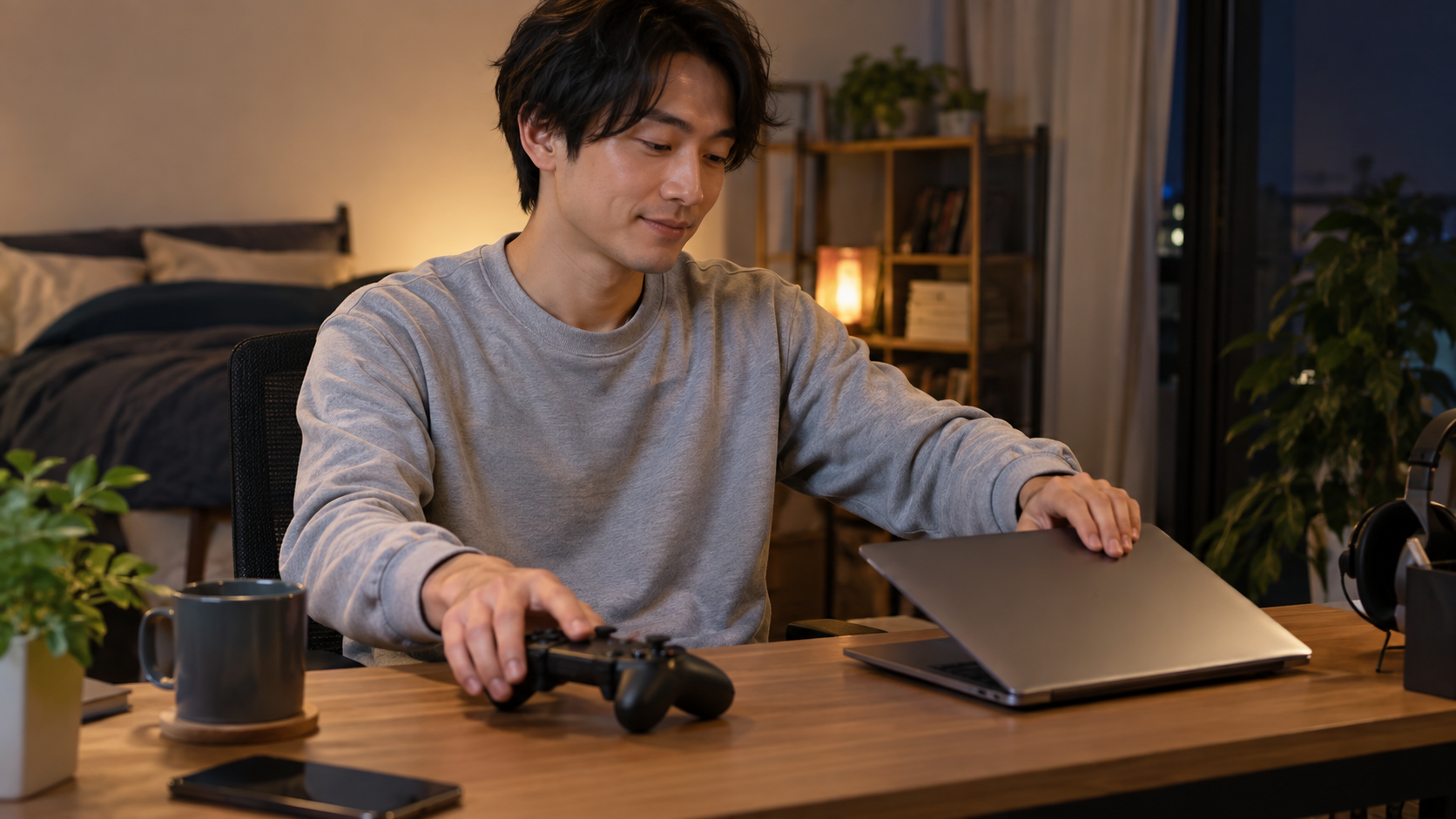 コントローラーを置いてノートパソコンを閉じる人