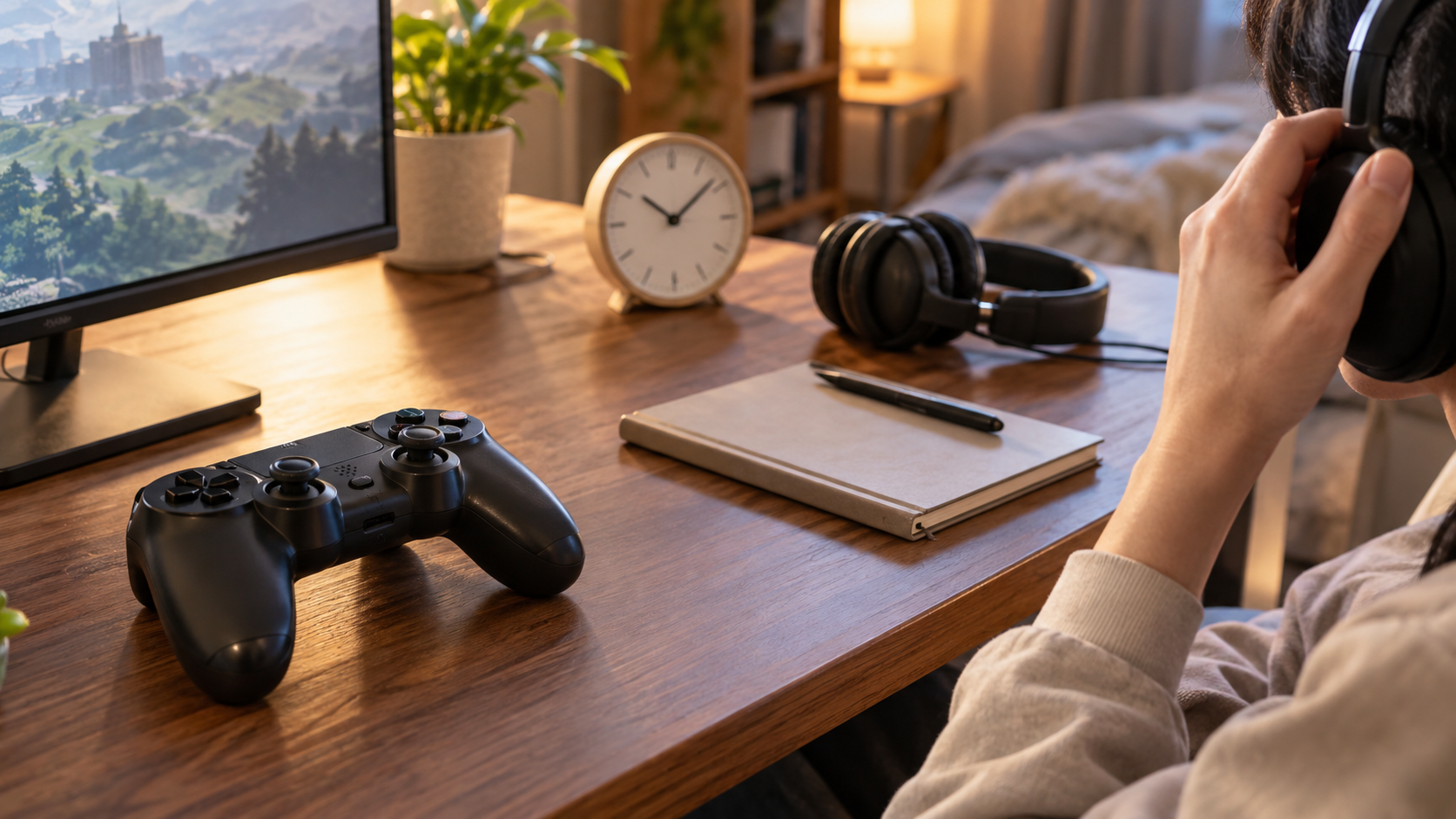 時計やヘッドホンを置いたゲーム用の机