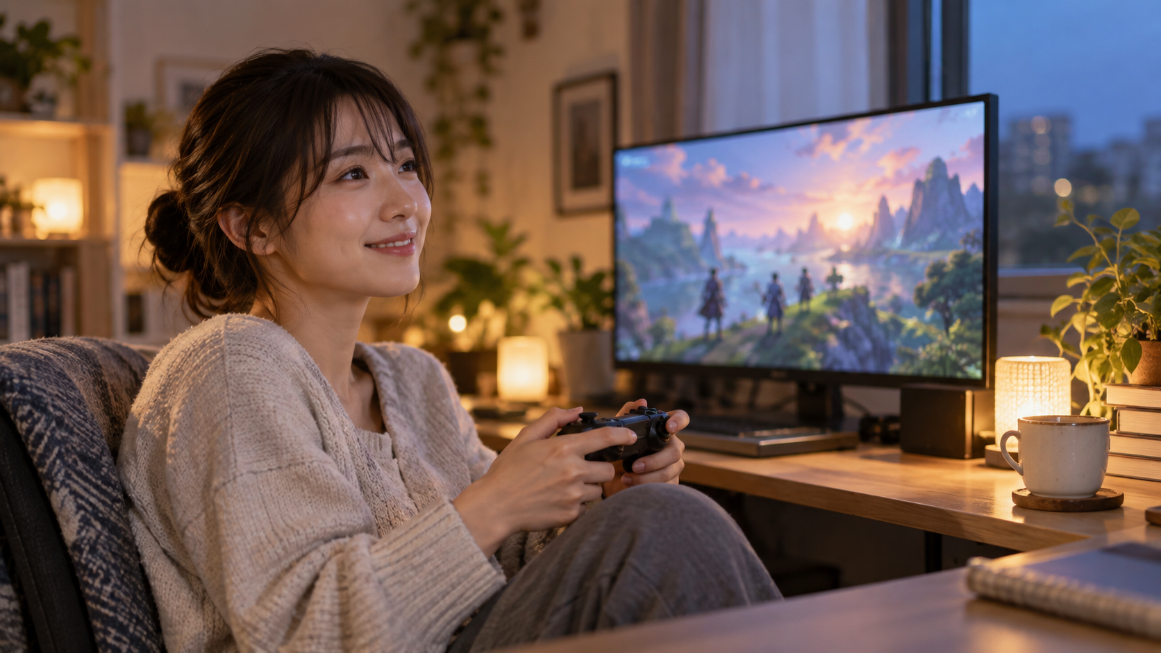 自宅でコントローラーを持ちゲームを楽しむ人