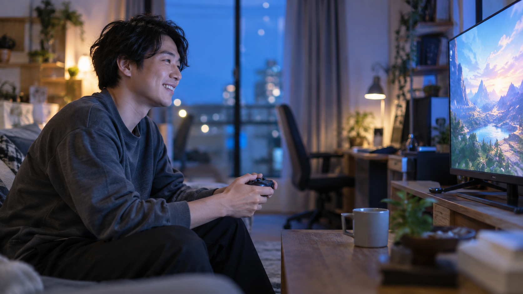 夕方の自宅でゲーム画面を見ながら笑顔で遊ぶ人