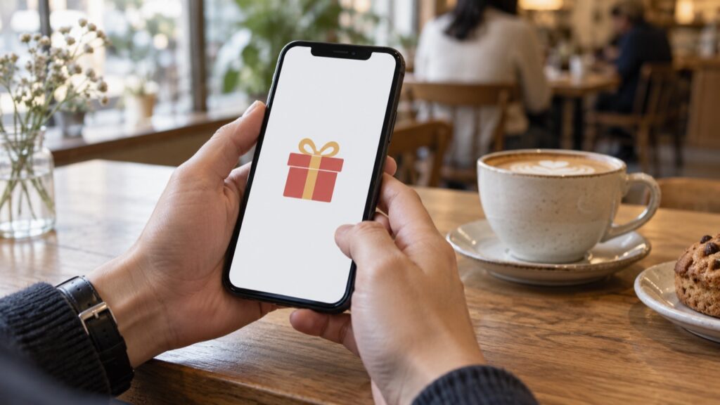 スマートフォンで贈り物を確認する手元