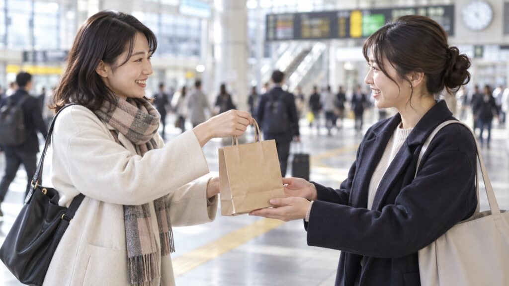 小さな紙袋を落ち着いて手渡す二人