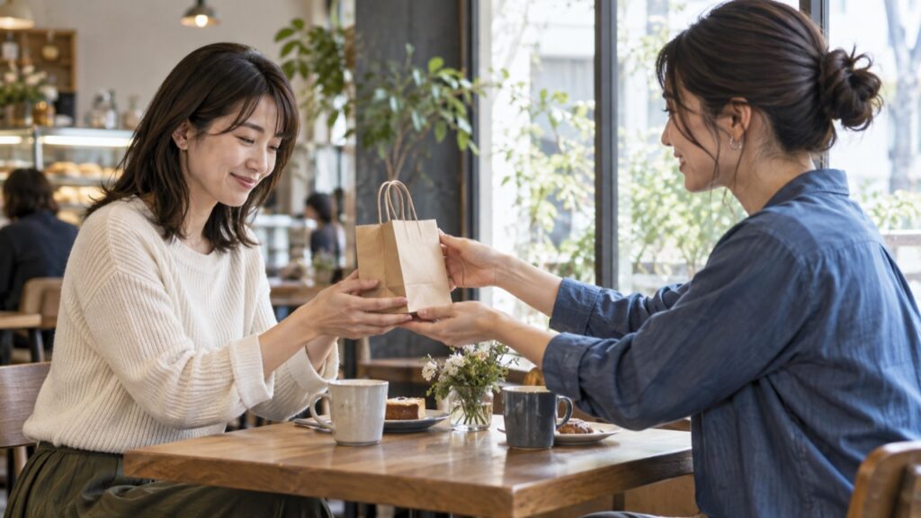 友達から小さな贈り物を受け取る二人