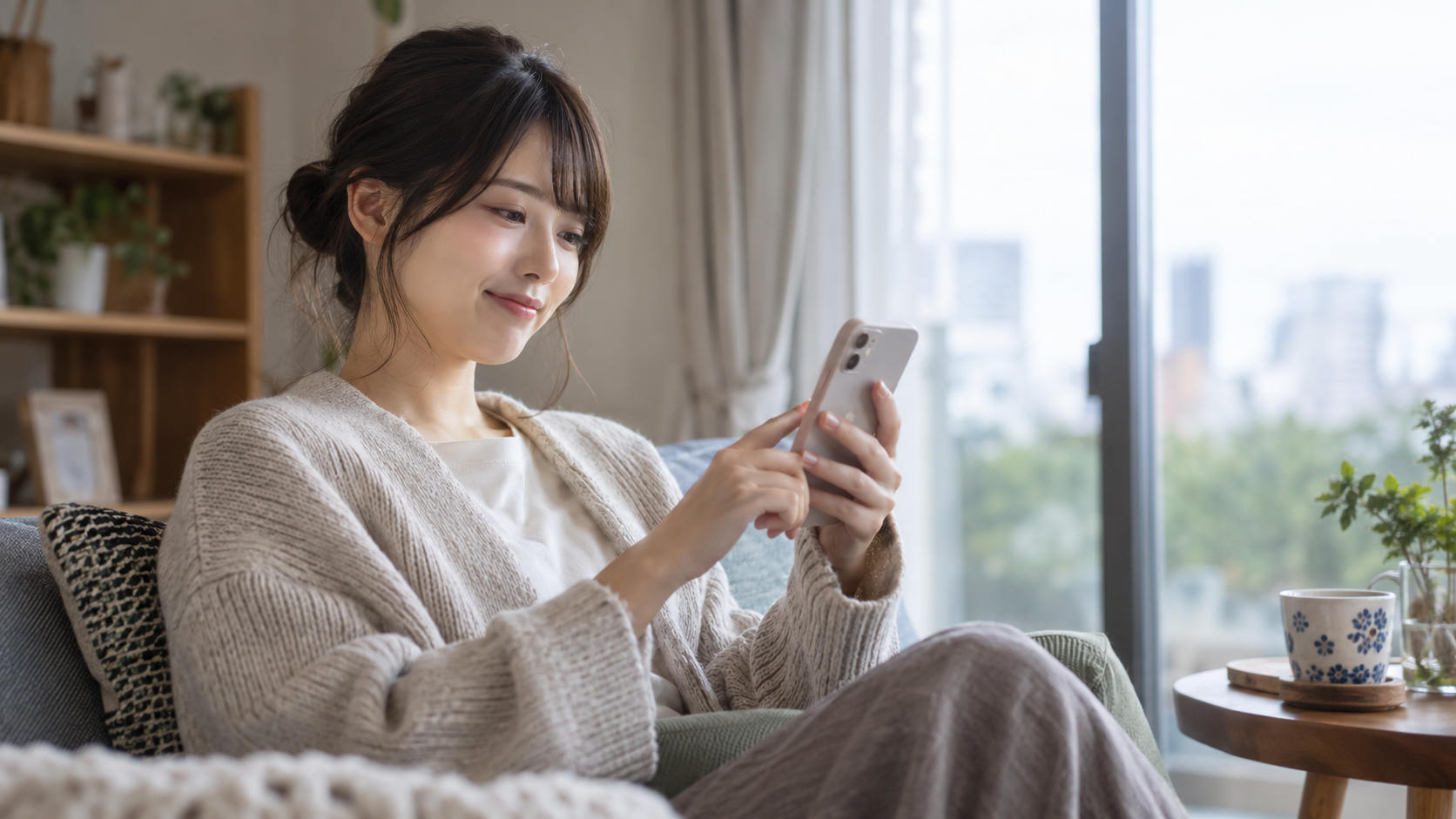 自宅でスマートフォンを使って返事を考える女性