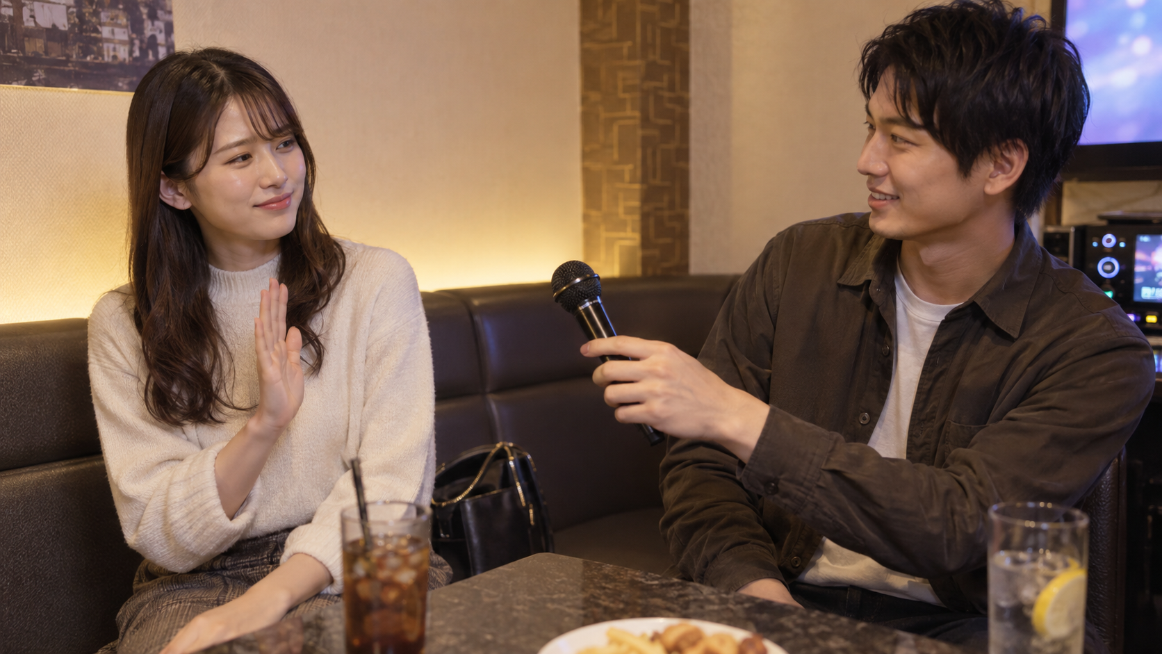差し出されたマイクに手を添えるような仕草で辞退を伝える女性