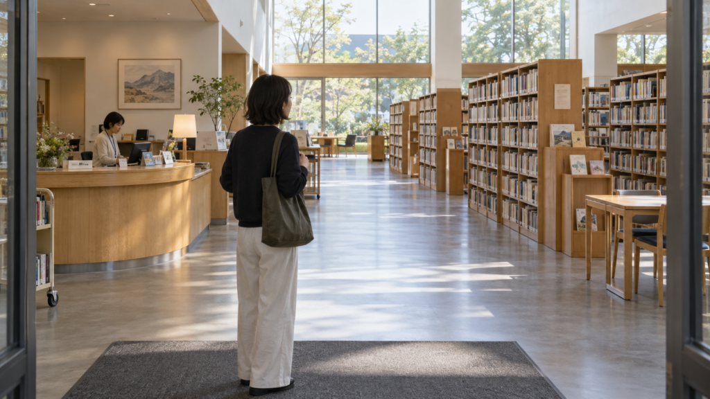 図書館の入口から受付と本棚の位置を確認するイメージ