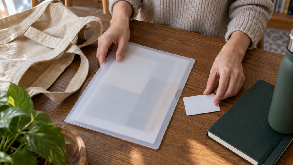 利用登録に持参する書類を袋と一緒に準備する手元のイメージ