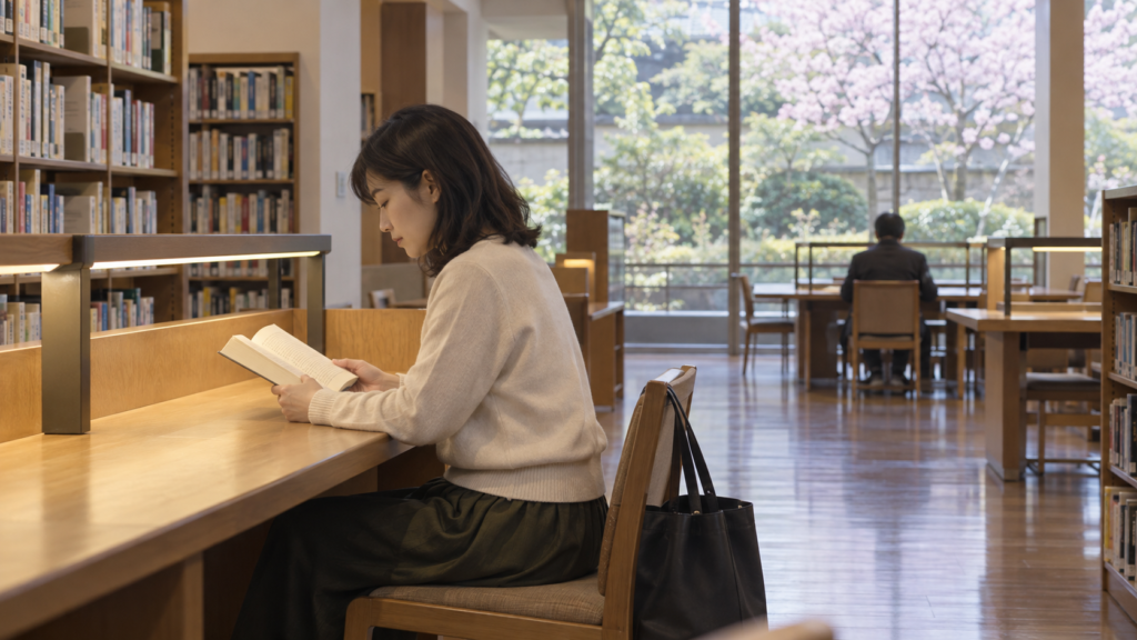 館内の閲覧席で静かに本を読む成人のイメージ