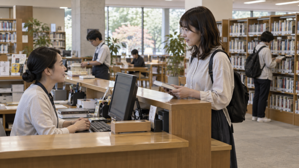 検索・貸出・返却を行う図書館のサービスカウンターのイメージ