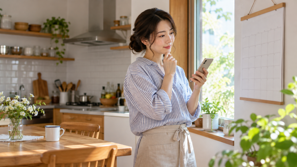 窓辺でカレンダーとスマートフォンを確認する人