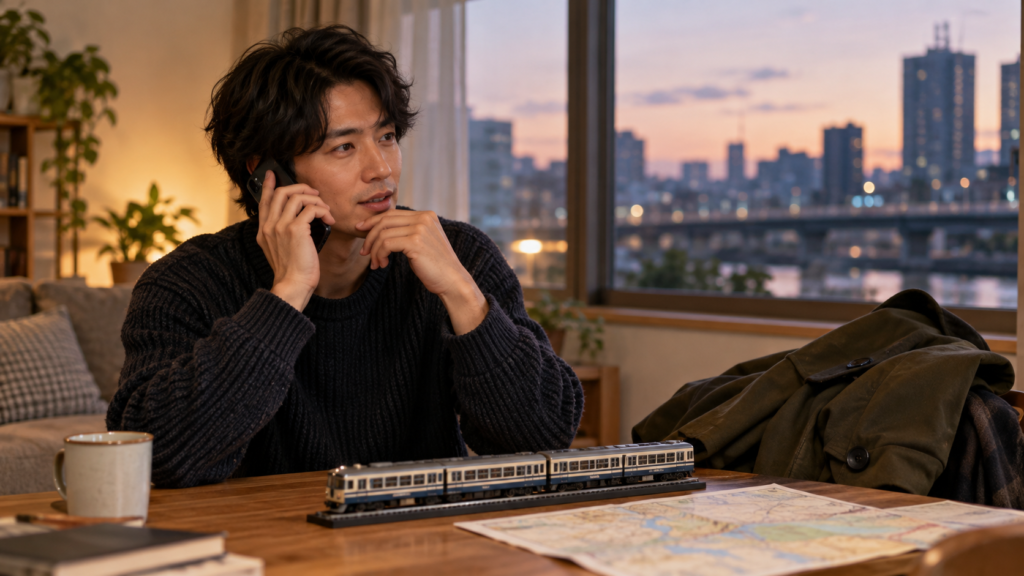 外出の支度をしながら電話で到着時間を相談する人