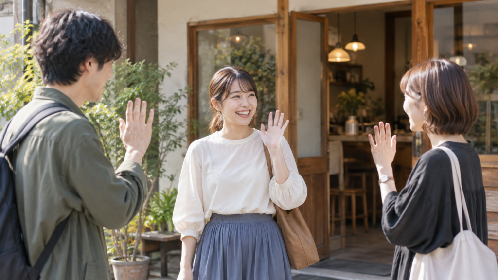 予定を合わせてカフェの入口で待ち合わせる友人たち
