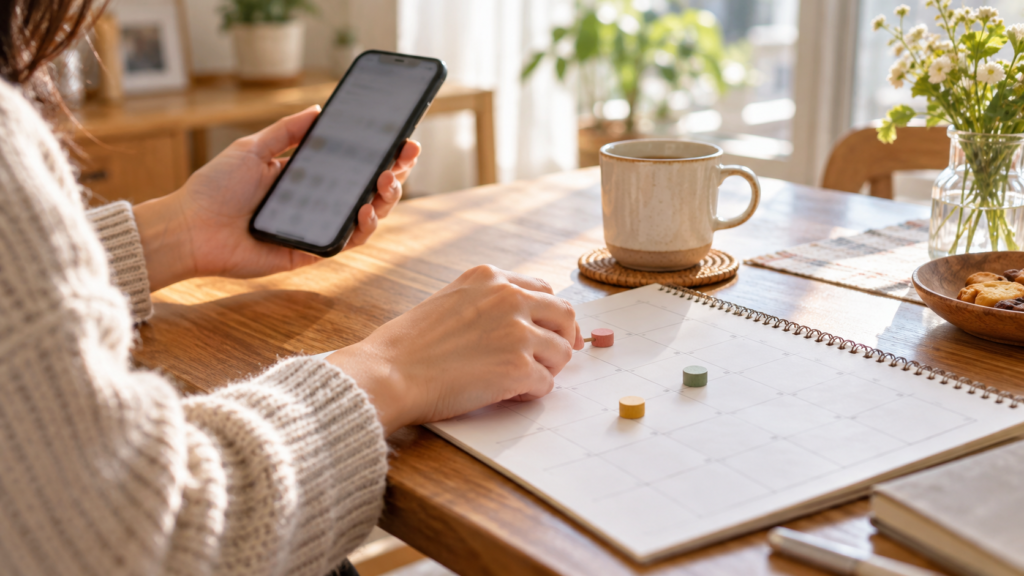 スマートフォンと紙のカレンダーで友達との予定を考える人