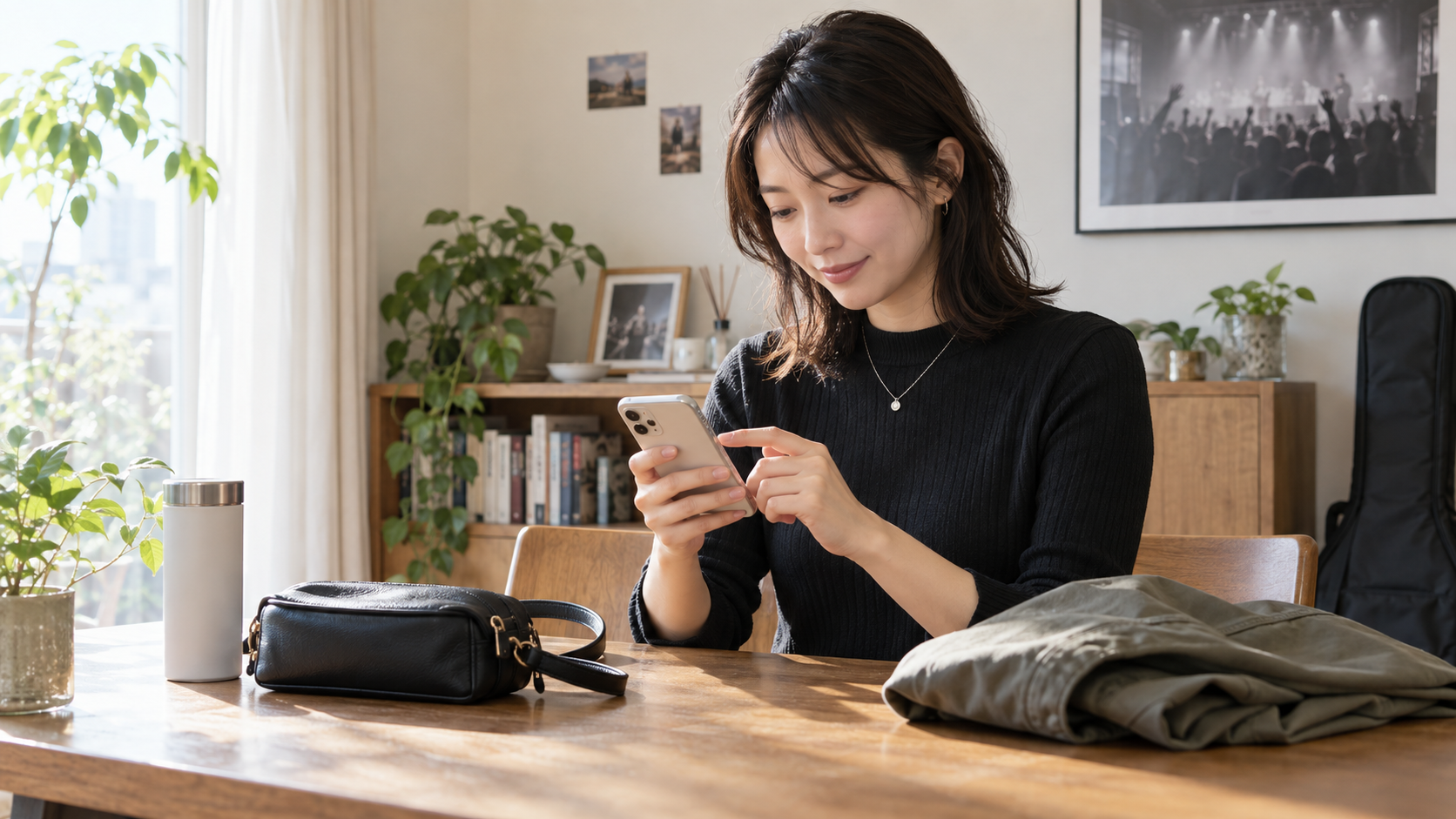 自宅でスマートフォンと持ち物を確認する人のイメージ