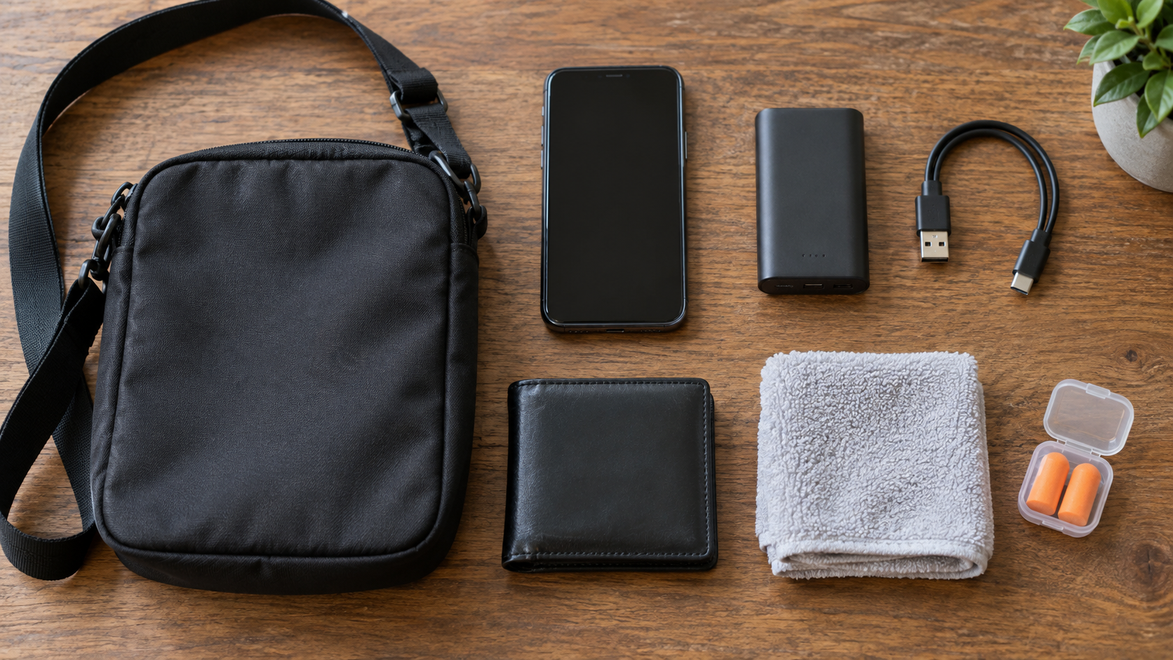 小さなバッグとスマートフォン、充電器、財布、タオルなどの持ち物