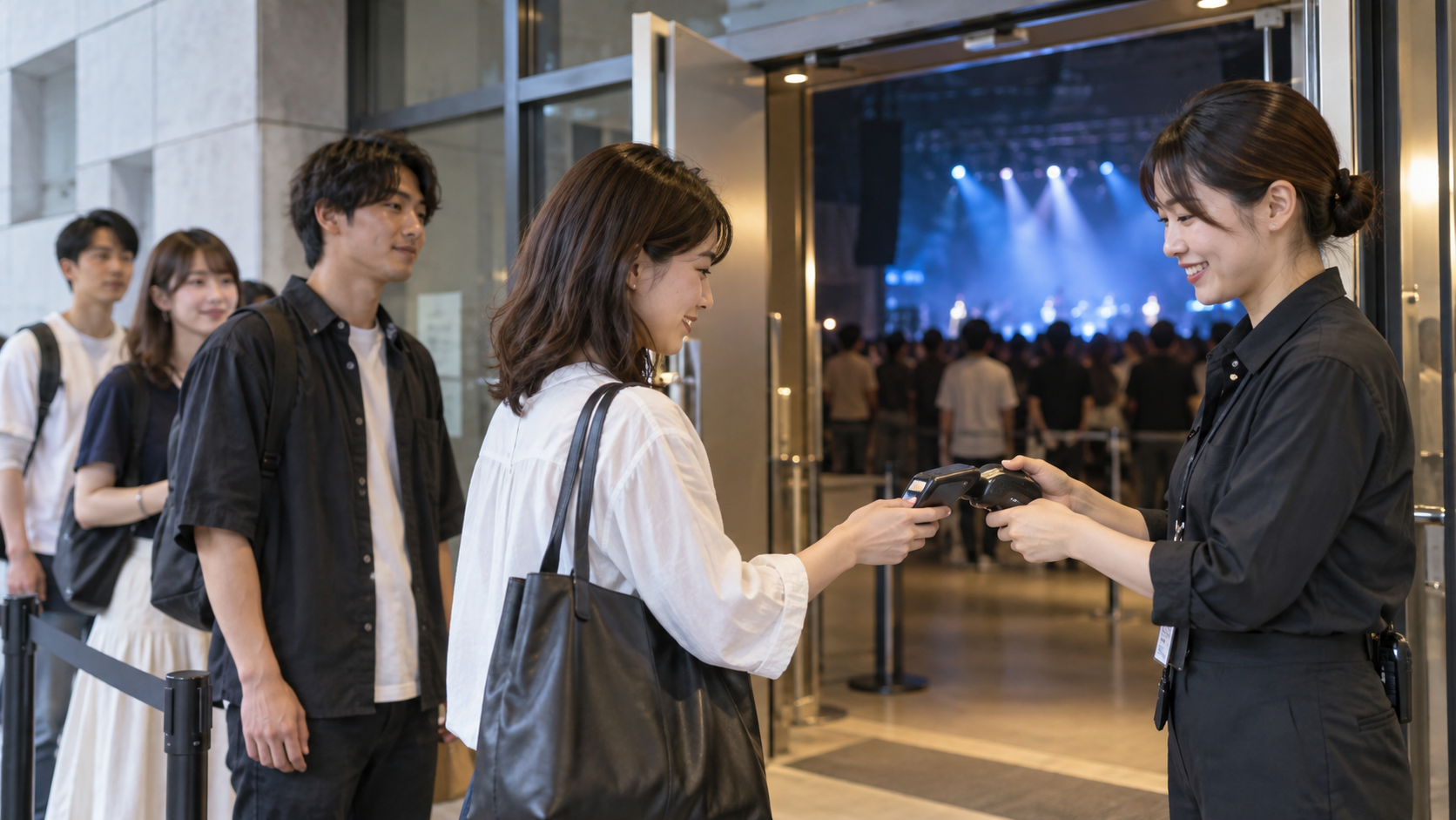 ライブ会場の入口でスタッフにスマートフォンを提示する人のイメージ