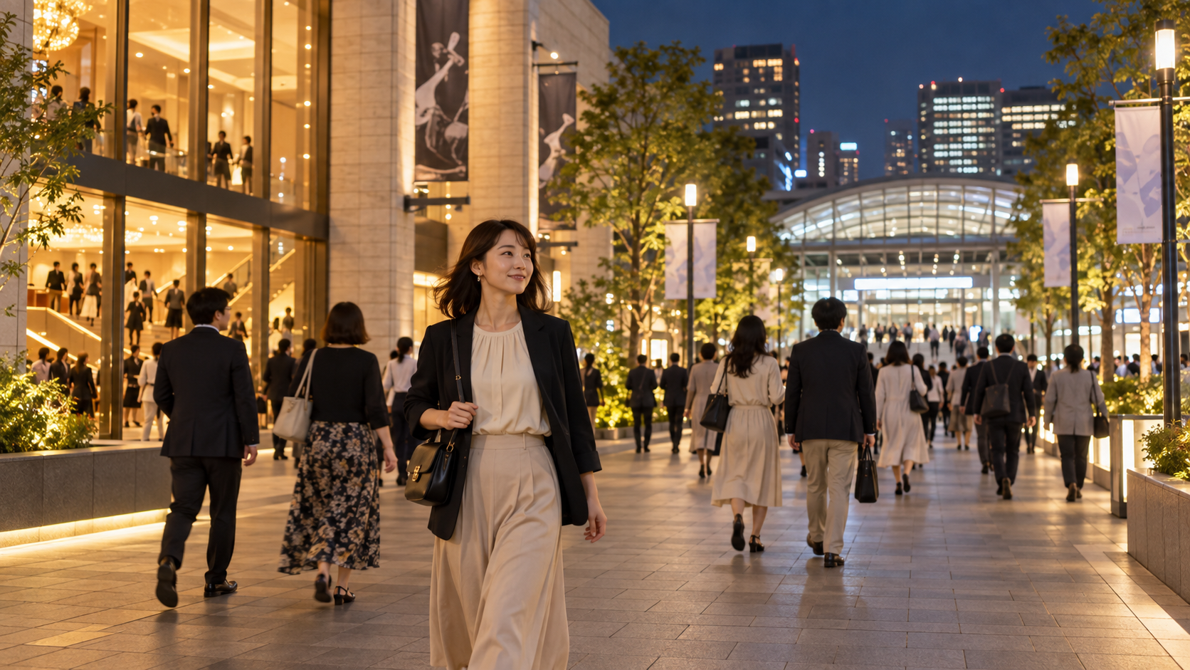 終演後に明るい会場周辺の歩道を歩く人たちのイメージ