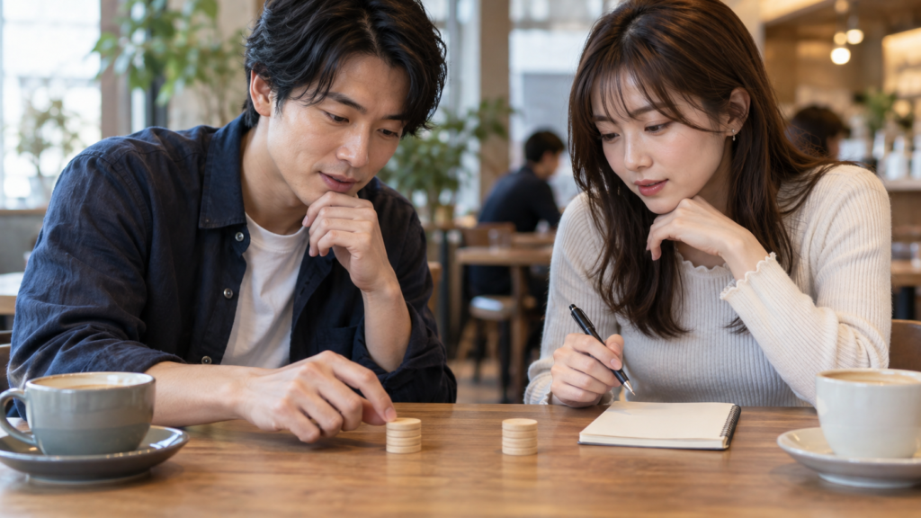 カフェで費用の分担を相談する二人