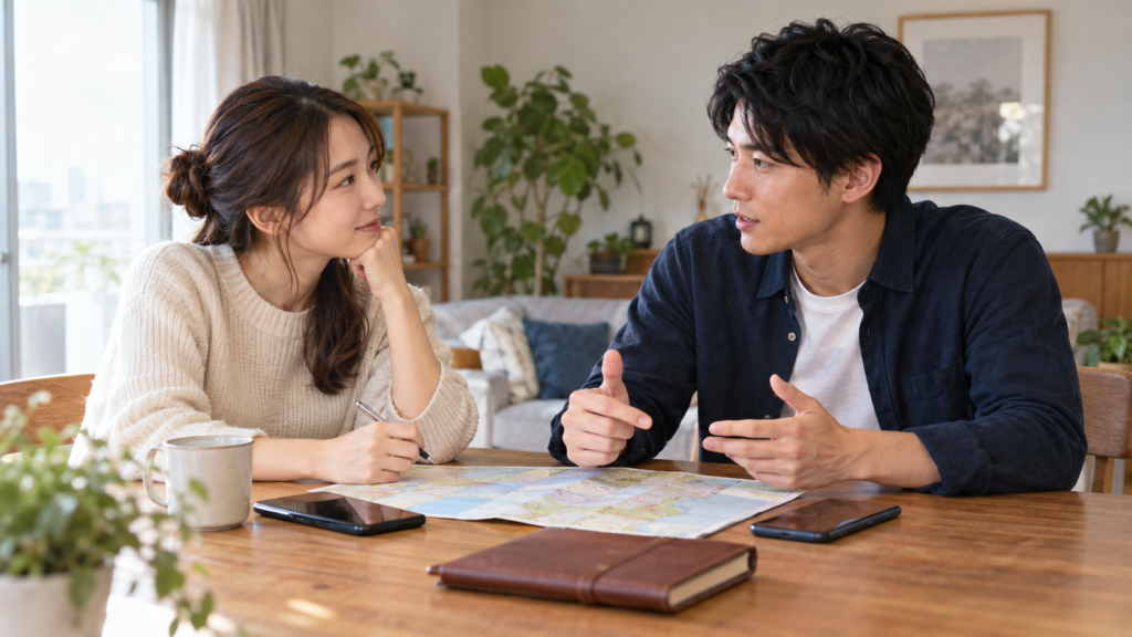 次に会う日の予算と予定を家で話し合う二人