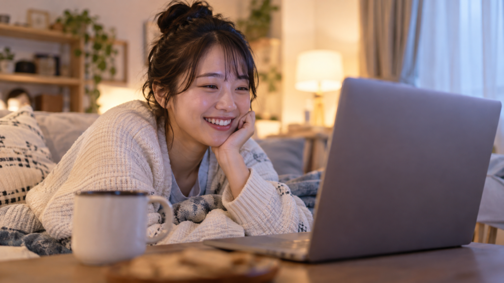 訪問を見送る日に自宅でビデオ通話をする人
