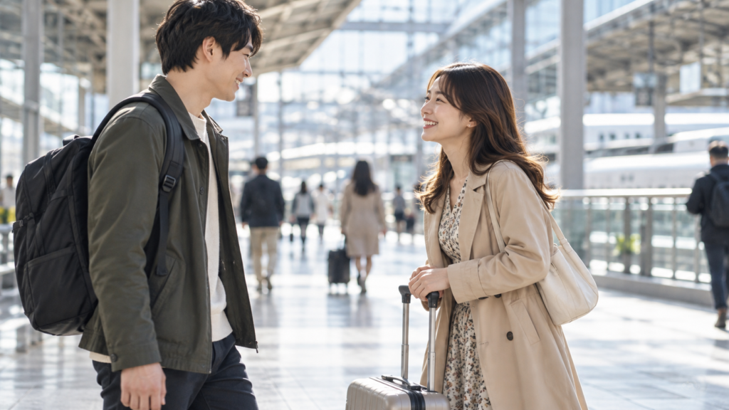 小さなスーツケースを持って駅で再会する二人