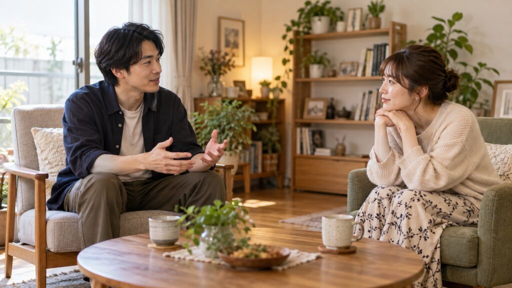 リビングで向かい合い、相手の話に耳を傾ける二人