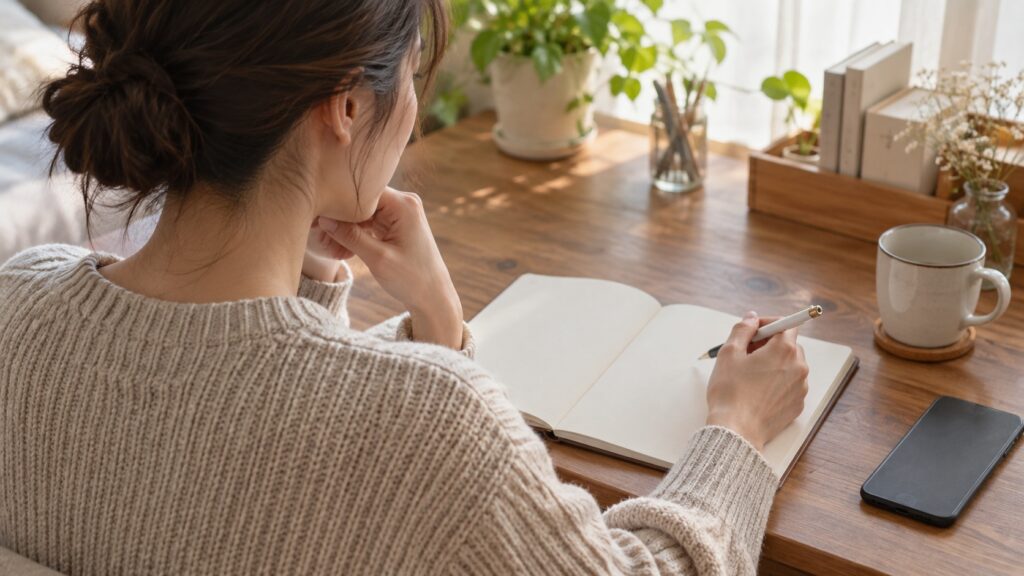 白紙のノートを前に考えを整理する人の手元