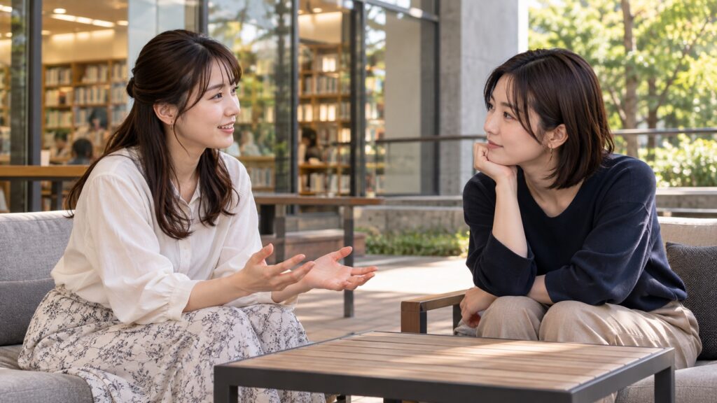 開いた手で説明しながら友人と落ち着いて話す人